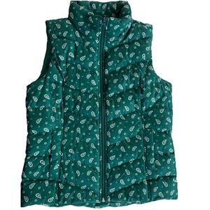 LANDS END Women's S 6-8 Full Zip Puffer Vest  Zip 600 Down Green Paisley Pockets